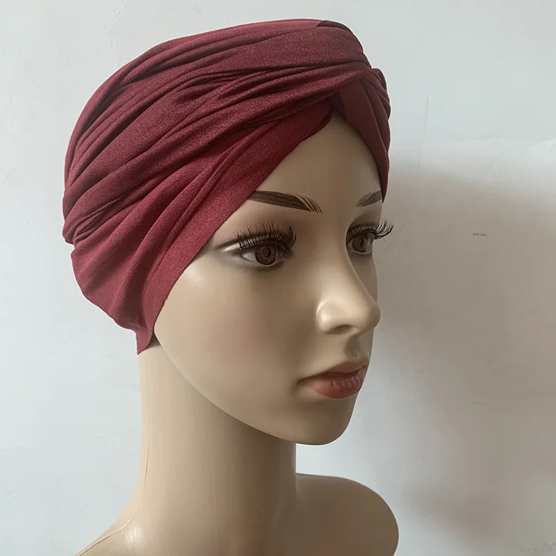 Fashion Women Cross Twist Suede Turban Caps Soild Color Female Headscarf Bonnet Muslim Hijab Cap Islamic Under Scarf India Hat