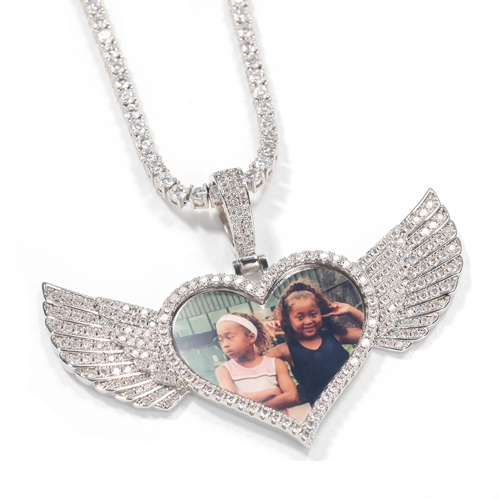 The Bling King DIY Photoes Necklace Heart Shape With Wing Fashion Jewelry For Couple Gift Tennis Chain Valentine's Day