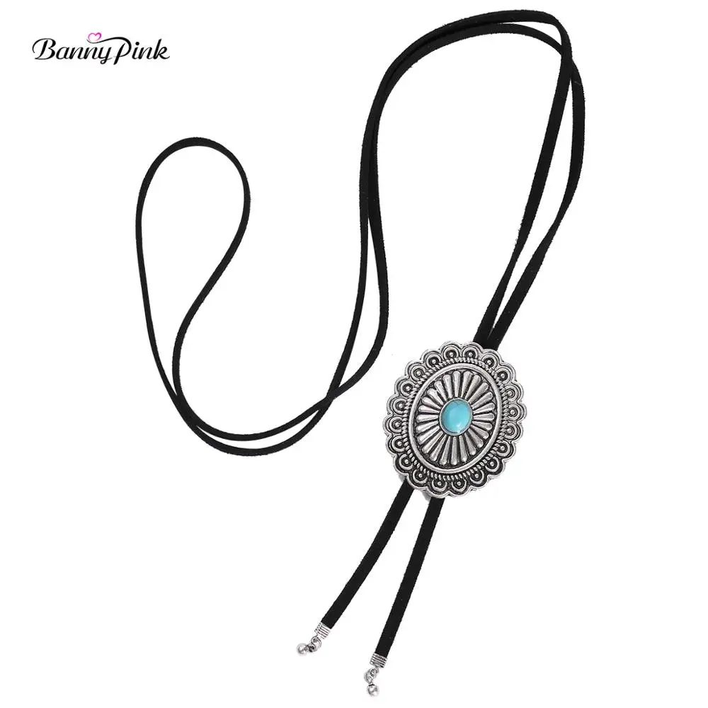 Banny Pink Vintage Concho Women Pendant Necklace Ethnic Sunflower Dangle Sweater Chain Necklace long Pu Leather Rope Necklace