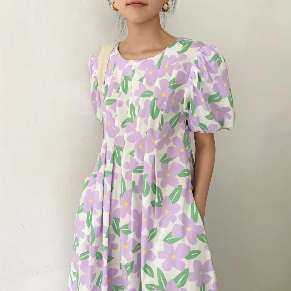 2021 Women Summer Round Collar Folds Long Floral Dress Puff Sleeve Slim Waist A-line Midi Sundress