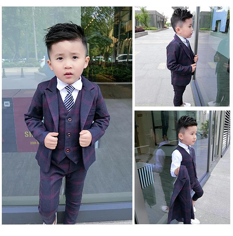 LOLANTA 5Pcs Kids Boys Gentleman Suit Plaid Formal Attire Jacket Coat+Pants+T-Shirt+Vest+Tie Outfit Birthday Party Clothes