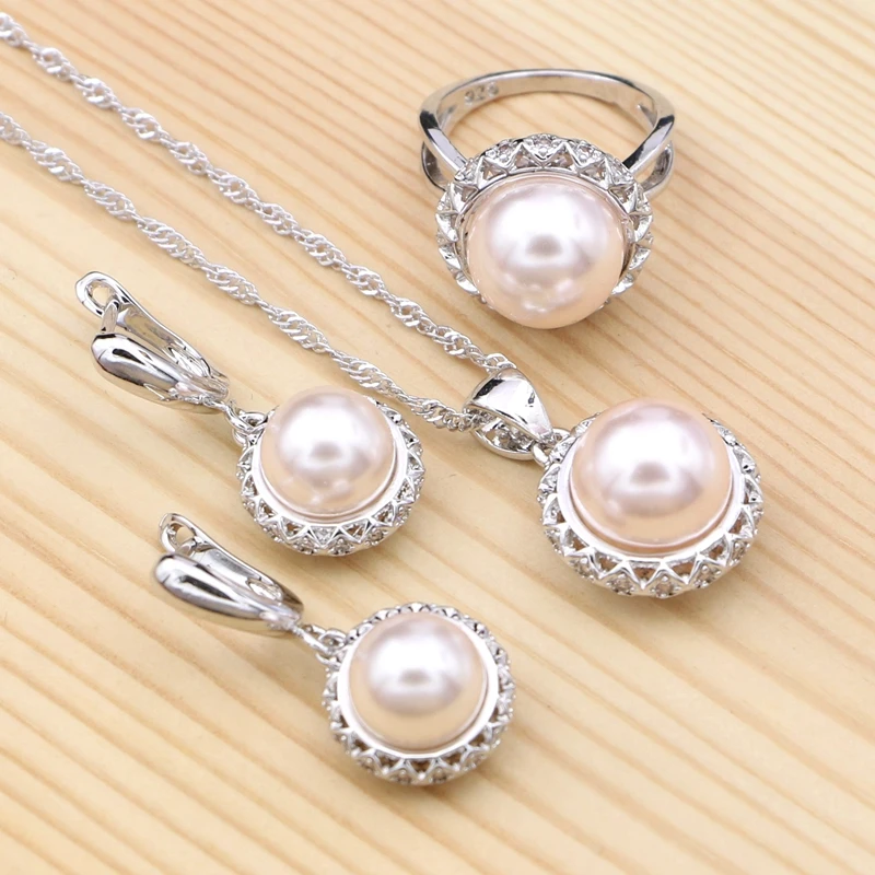 

925 Sterling Silver Jewelry Sets White Cubic Zirconia Light Pink Pearl For Women wedding Earrings/Ring/Pendant/Necklace