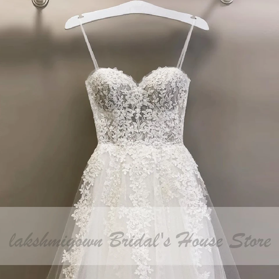 2021 Trouwjurk 섹시한 라인 웨딩 드레스 스파게티 스트랩 빈티지 레이스 아플리케 화이트 Tulle Mariage Long Bridal Dress