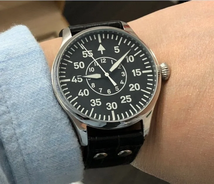 44mm GEERVO Black Sterile dial luminous Japanese VH31 quartz movement pilot men\'s watch 178-P8