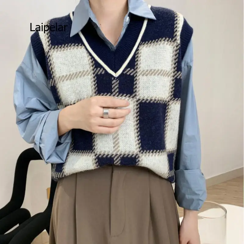 

Vest Retro Check Sweater Vest Women's Korean Fashion V-neck Knit Sleeveless Short Sweater Vest