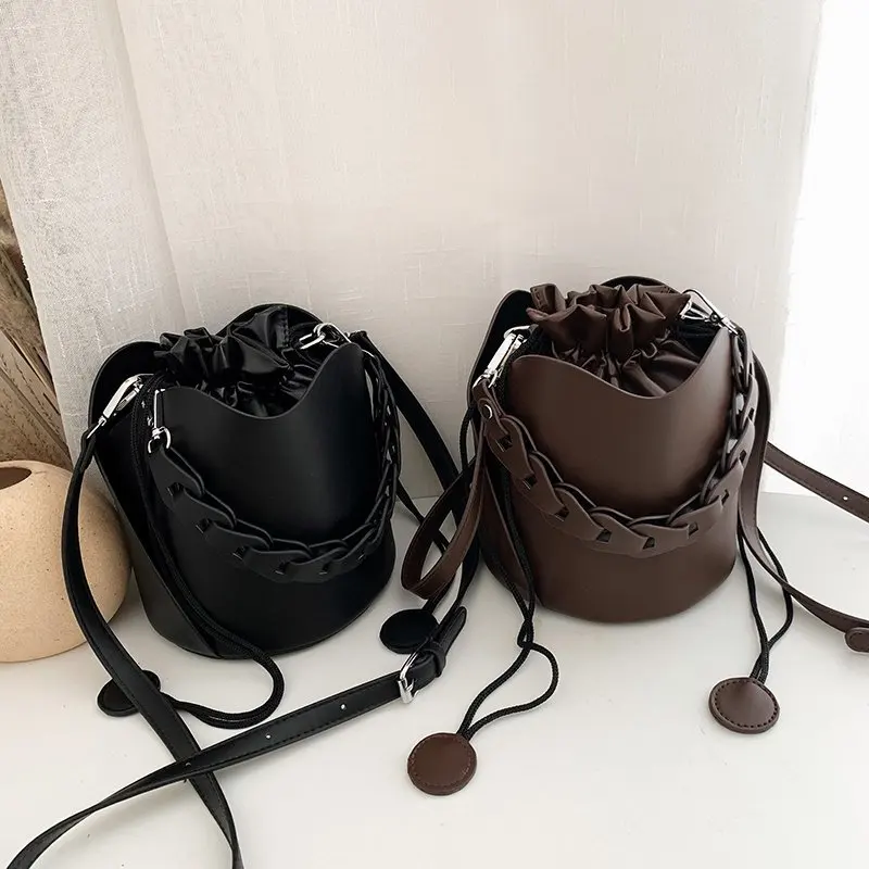 Pure Color Bucket Bags for Ladies 2021 Vintage Style Designer Handbags Women Brand Alar Drawstring Tote Bags Bolsa Feminina