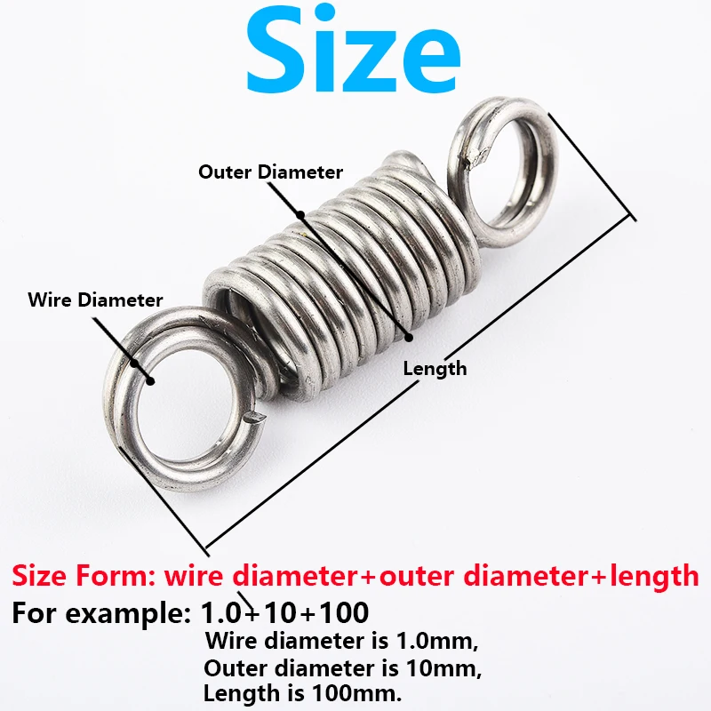 O Ring Hook Coil Cylindroid Helical Extension Pullback Tension Spring 304 Stainless Steel Wire Diameter 0.8mm 1.0mm 1.2mm