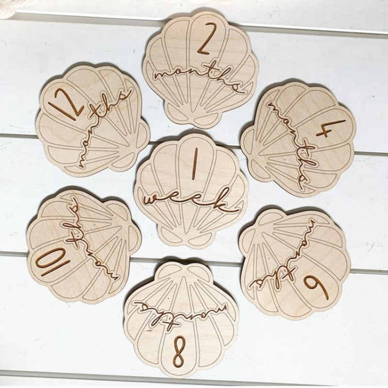 14pcs nursery Seashell wooden birth announcement sign baby monthly milestone cards shower newborn gift set photo props
