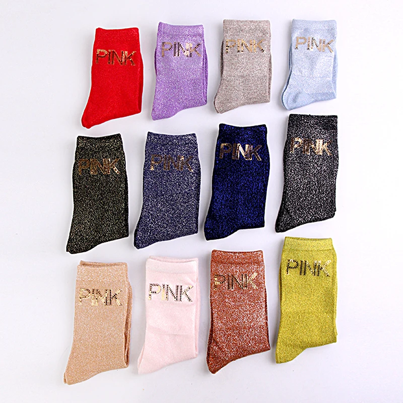 Fashion Women Lurex Glitter Socks Gold Sequins PINK Printed Letter Socks High Quality Casual Women Sexy Happy Socks