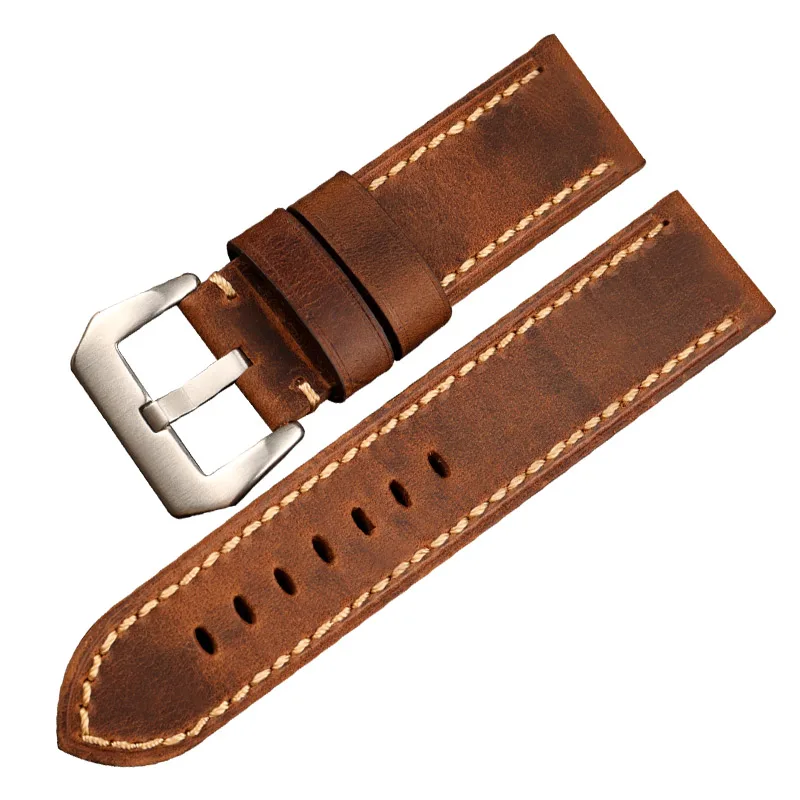 Hand-folded Italian leather Watchband 24MM handmade leather bracelet for men compatible with PAM111 441 bronze watch