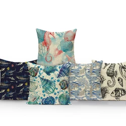 Marine Life Shark Hippocampus Pattern Throw Pillow Cover for Sofa Seat Car Home Decor Conch Starfish Square Cushion Cover