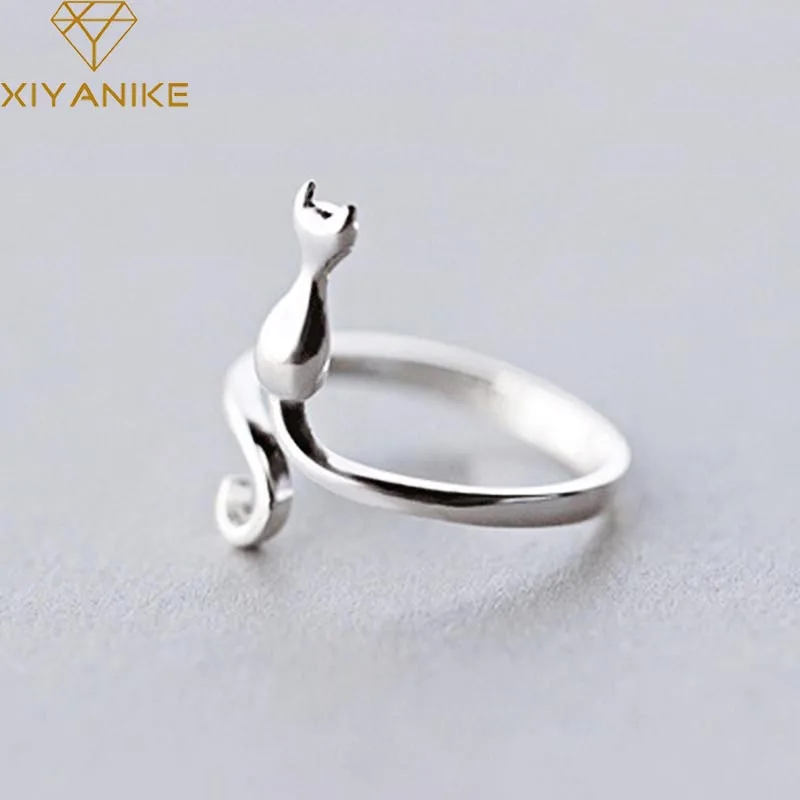 XIYANIKE Silver Color  New Trendy Cute Cat Engagement Rings for Women Couple Elegant Simple Handmade Jewelry Adjustable