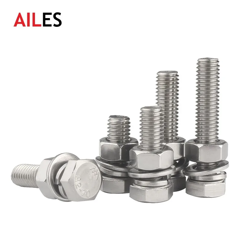 

M8 M10 M12 External Hexagon Head Screw Set Outer Hexagon Bolt Nut Washer Set 304 Stainless Steel Full Thread DIN933