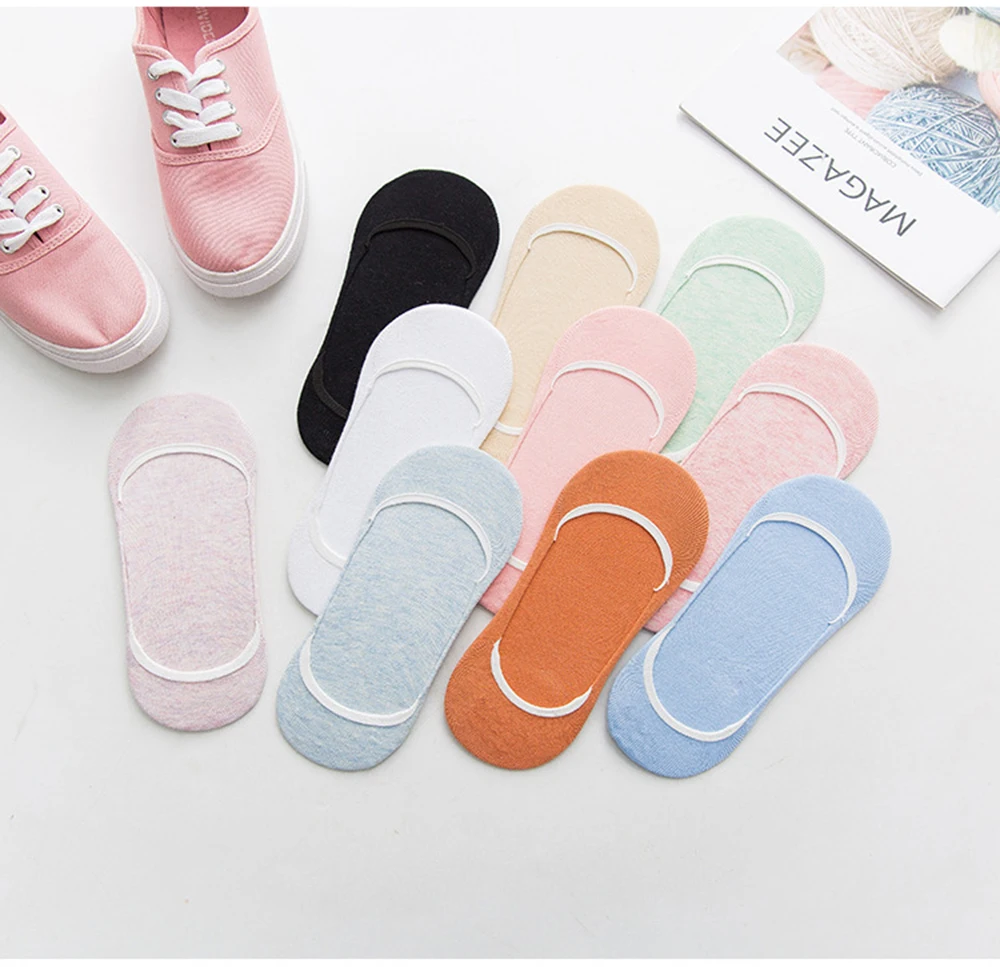 10 Paar unsichtbare Socken für Damen, Hausschuhe, kurze Söckchen-Set, modische Damen-Frau-Packung, einfarbig, Baumwolle, rutschfest, No-Show-Socken – Detail 3