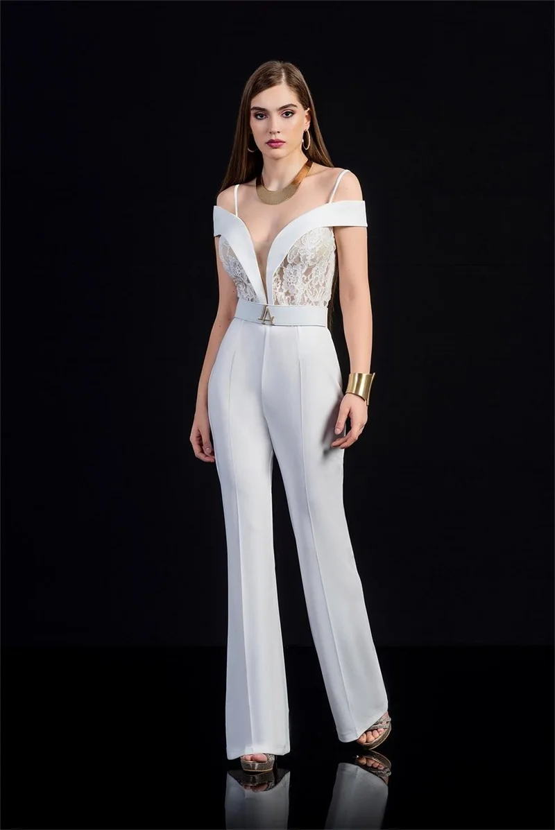 White Jumpsuit Evening Dress Spaghetti Strap Sleeveless Lace Appliqued Formal Party Gown Elegant Custom Made Bride Pants Suit