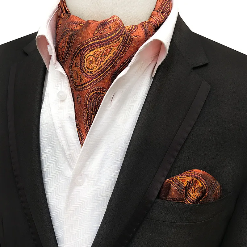 Mans Vintage  Ascot Tie Pocket Square Set Luxury Mans Paisley Flower Cravat Neck Tie Handkerchief Gifts for Men