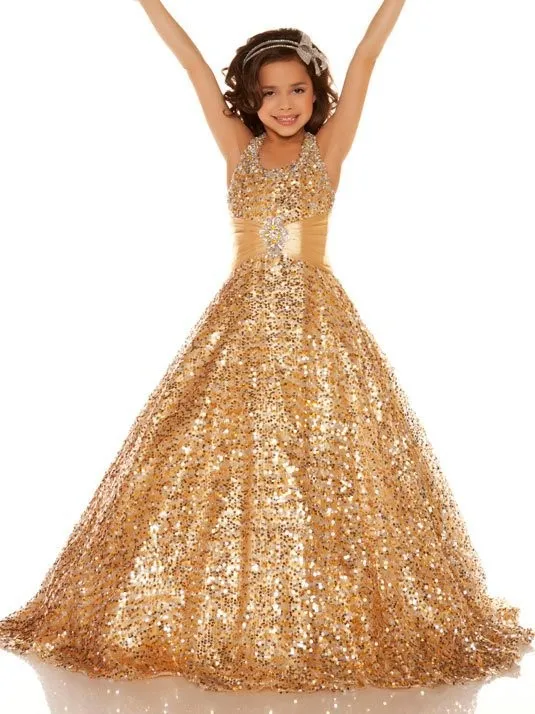 

Stunning Beautiful Girls Pageant Dresses With Sequins Gold Kids Evening Dress Halter Ball Gown Flower Girl Dress Custom made