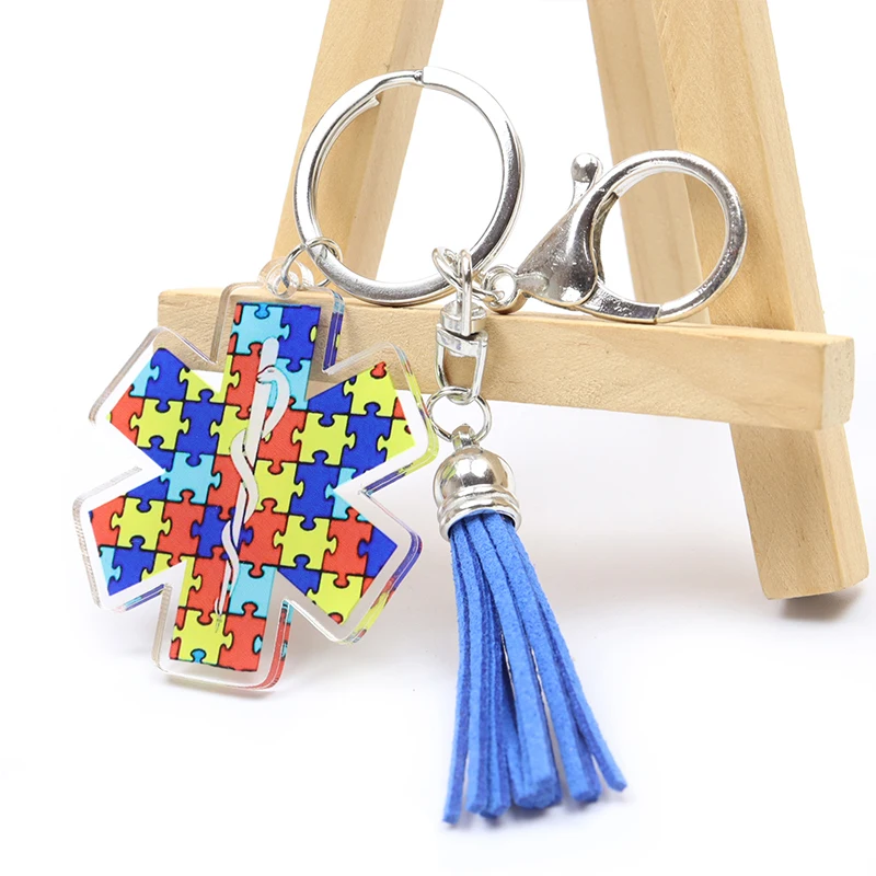 Autism Awareness Tassel Acrylic Keychain Key Ring Red Ribbon Puzzle Love Key Chain Help Raise Autism Awareness Theme Keyfob Gift