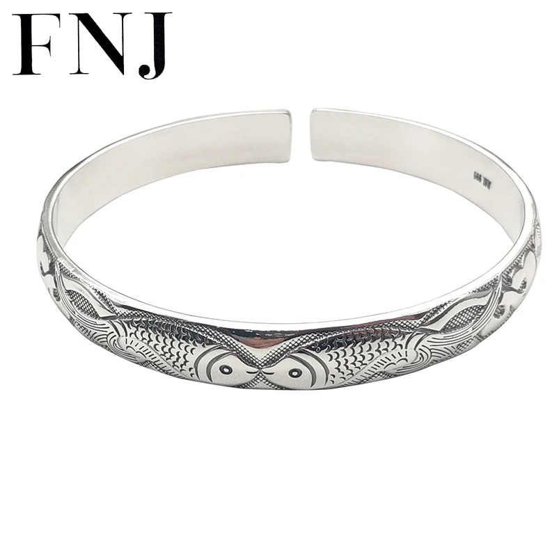 

FNJ 990 Silver Bangles for Women Jewelry 100% Original S990 Sterling silver Bangle Lucky Animal Fishes