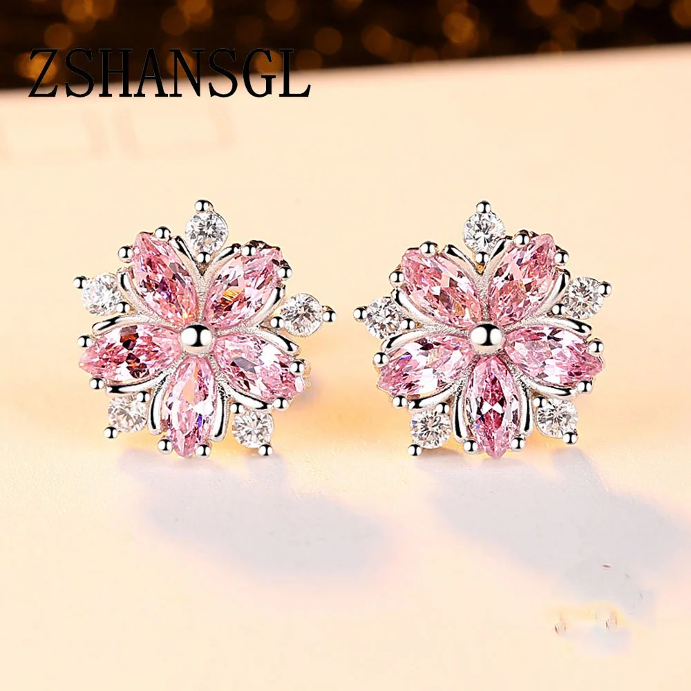 Cute Crystal Female Pink Snowfalke Earrings Fashion plata Wedding Jewelry Boho Small Sakura Flower Stud Earrings For Women