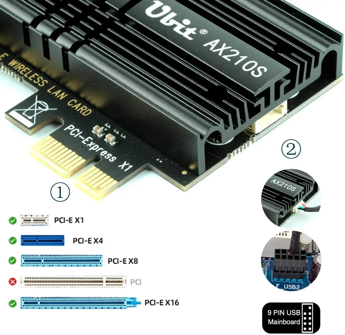 Беспроводной адаптер WLAN Ubit, Wi-Fi 6E, поддержка карт PCI Express поколения 7 6 ГГц, до 5400 Мбит/с, Bluetooth 5,2 AX210