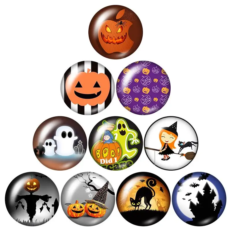 Halloween ghost pumpkin bat Spider 18mm snap buttons 10pcs mixed round photo glass cabochon style for snap button jewelry