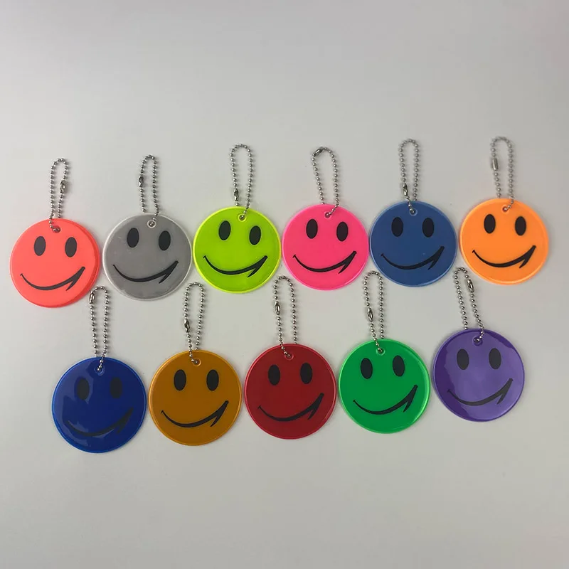 10Pcs 6CM Smile Face Reflective keychains Safety Reflector Bag Pendant Jewelry  Accessories Keyrings Night For Kids Women Man