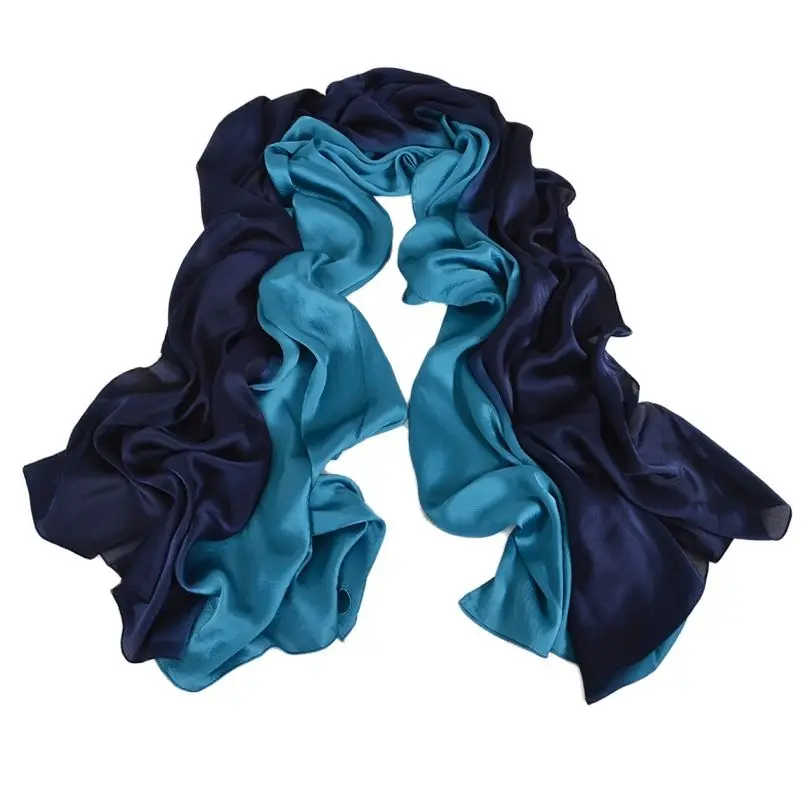 [BYSIFA] Women Blue Gradient Silk Scarf Cape Fashion Accessories Satin Long Scarves Wraps Spring Autumn Winter Muslim Head Scarf