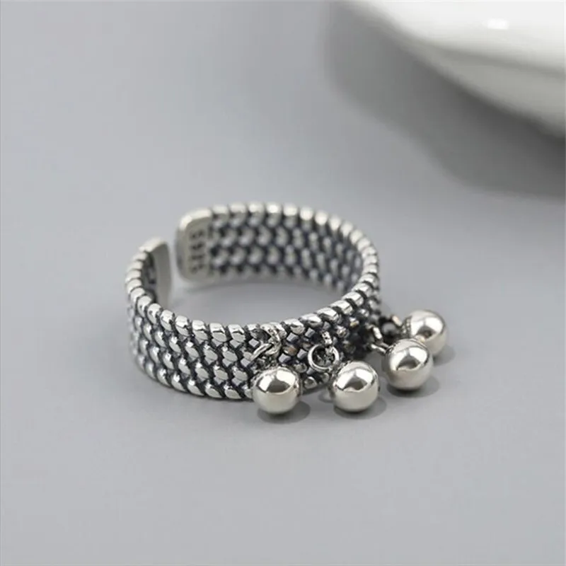 New Creative Tassel Round Beads Smooth 925 Sterling Silver Jewelry Retro Multi-layer Braided Personality Opening Rings TYB050