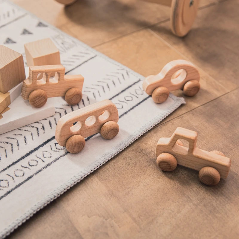 4pc Wooden Baby Car Toys Beech Wooden Blocks Animal Dogs Cartoon Educational Montessori Toys For Children Teething Baby Teether