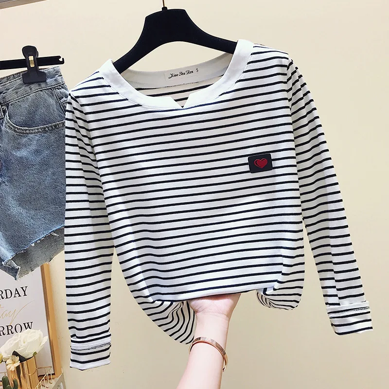 2022 Women Striped T Shirts Long Sleeve 95% Cotton Tops Casual Women Autumn T Shirts Tops Women TopsPull Femme