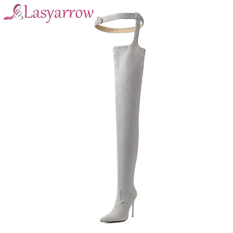 Lasyarrow Glitter Shoes Women Over Knee Boots Stiletto Heel Thigh High Booties Belt Sexy Point Toe Waistband Zip Woman Shoes