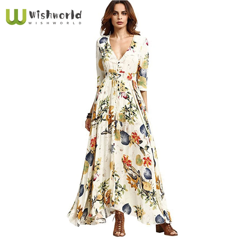 

The New 2021 Bohemian National Wind Patterns on Holiday Wind Restoring Ancient Ways V-neck Long Sexy, Print Dress