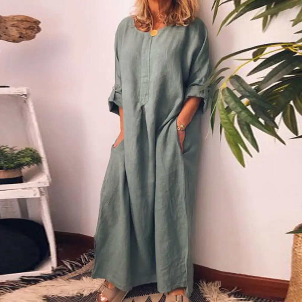 Sell Like Hot Cakes New Women Solid Color Oversized Cotton Linen Long Shirt Dress Boho Beach Casual Party Pocket Dress