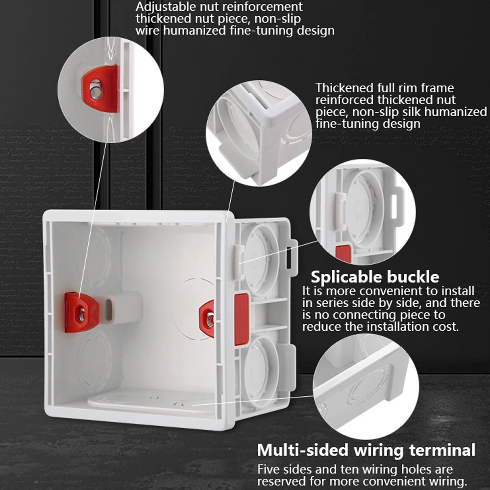 Switch Socket Box Adjustable Mount Back Box for 86mm*86mm Standard Plasterboad 50mm Depth Wall Switch Socket Mounting Cassette