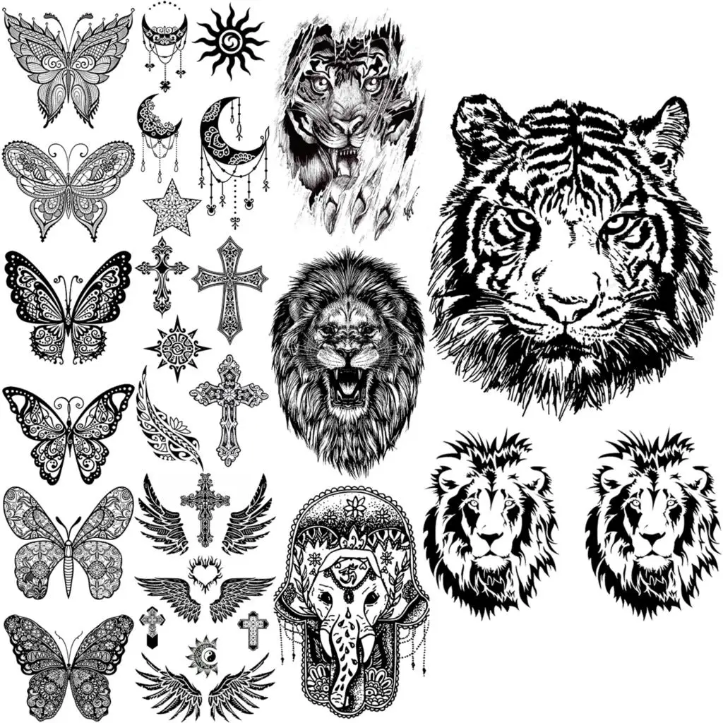 Black Tiger Lion Temporary Tattoos For Women Men Realistic Butterfly Wings Cross Elephant Fake Tattoo Sticker Back Arm Tatoos 3D