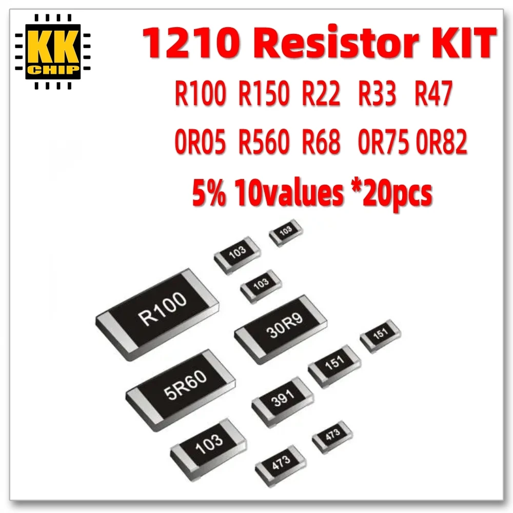 

Комплект чиповых резисторов 200 шт./лот 1210, низкое сопротивление 5% R ~ 1R, 10 значений * 20 шт., прецизионные резисторы, Amostras