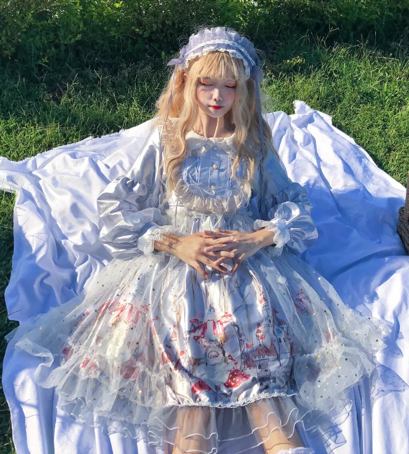 Vestido de manga larga con estampado para mujer, vestido Retro gótico de princesa Lolita con cuello Peter Pan y correa de cintura alta, novedad de Otoño/Invierno de 2019