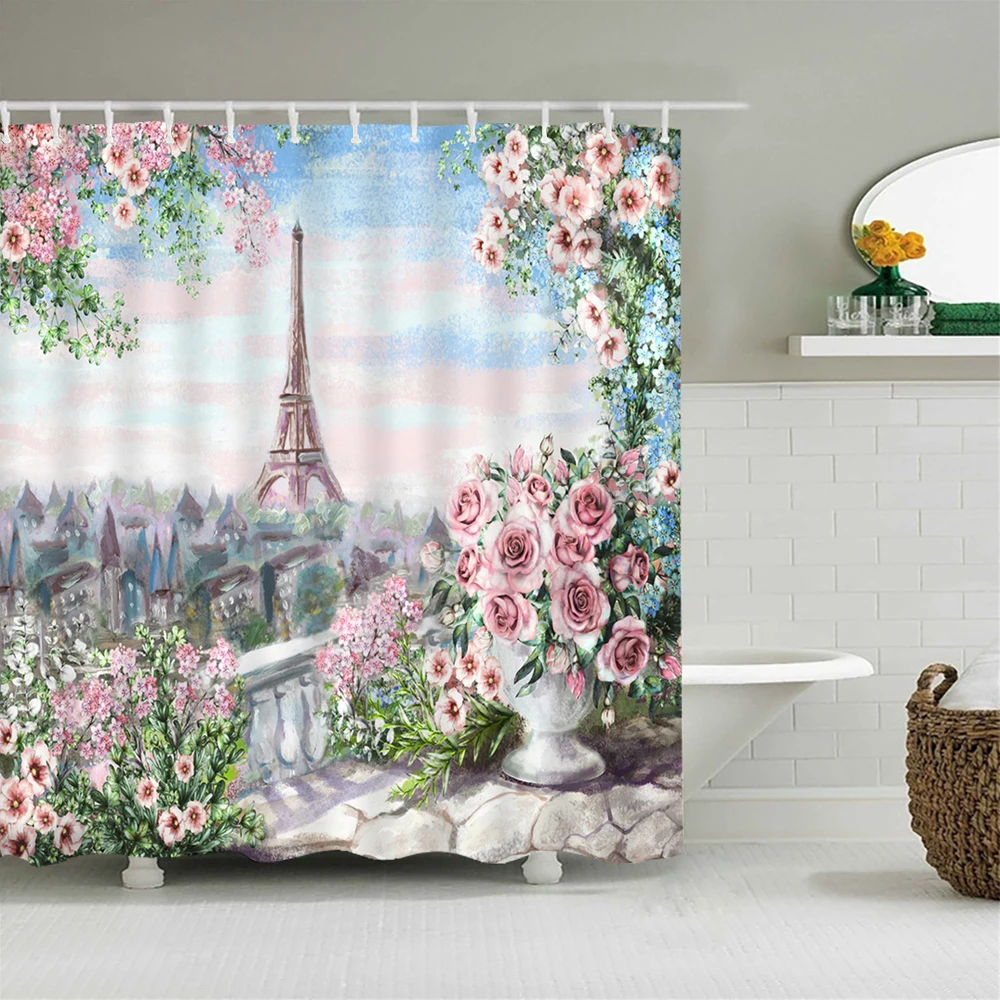 Oil Painting Paris Tower Pattern Printing 180x180cm Shower Curtains Waterproof Polyester Fabric Bathroom Curtain With Hooks