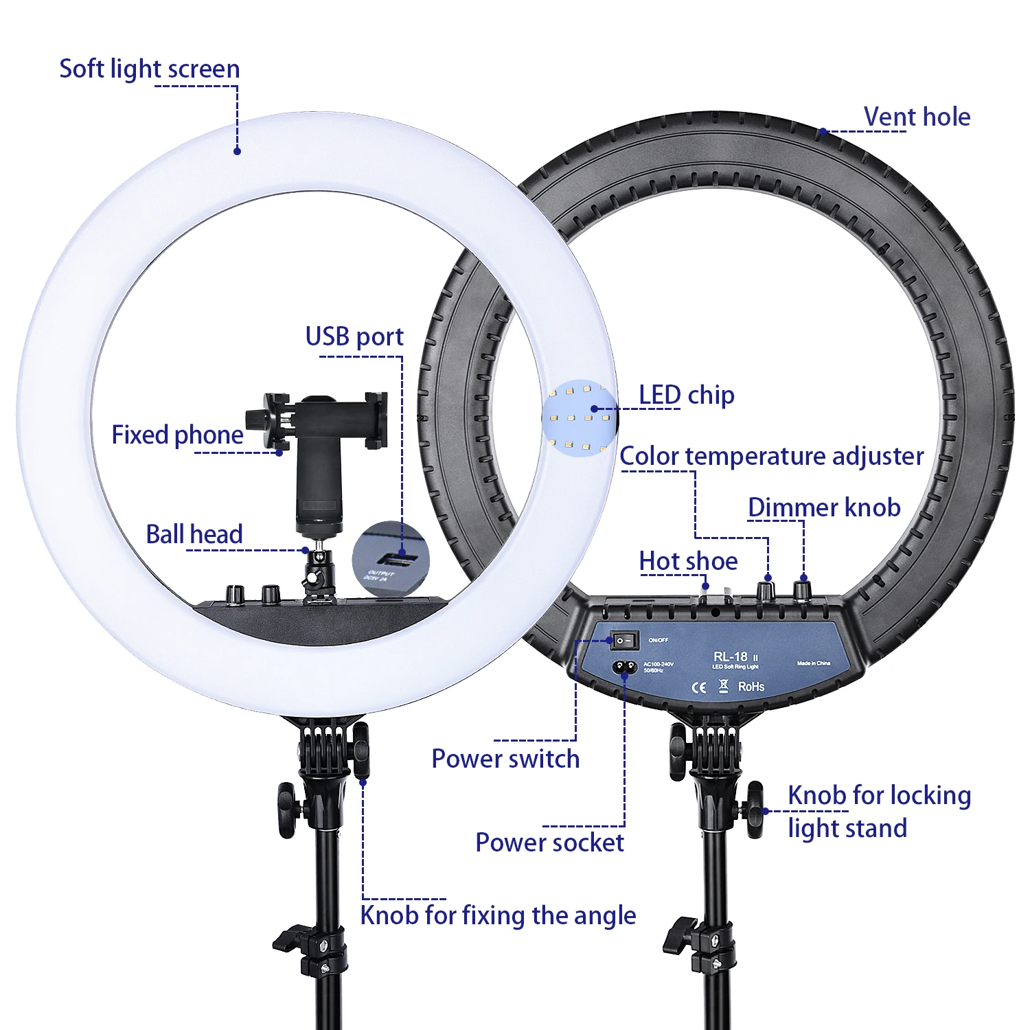 FOSOTO 18 Inch led Ring light 55W Photography Ring Lamp With Tripod Stand And USB remote control For Phone Makeup Youtube Tiktok