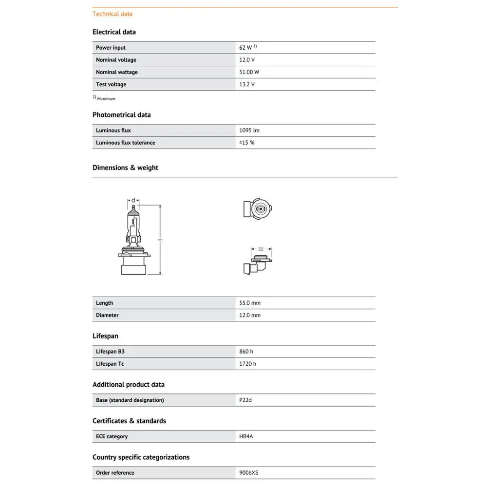 OSRAM 9006XS HB4A 12V 51W P22d Original Car Halogen Headlight Auto Bulb 3200K Standard Fog Lamp OEM Quality Made In USA(Single)