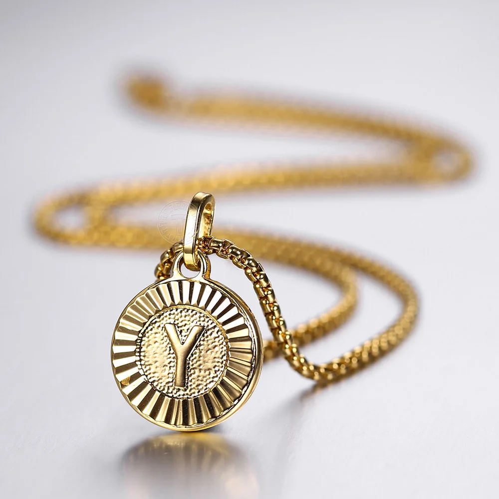 Initial Letter Pendant Necklaces Round Charm Stainless Steel Box Link Chain For Women Men Jewelry Gift Dropshipping GP418A image 4