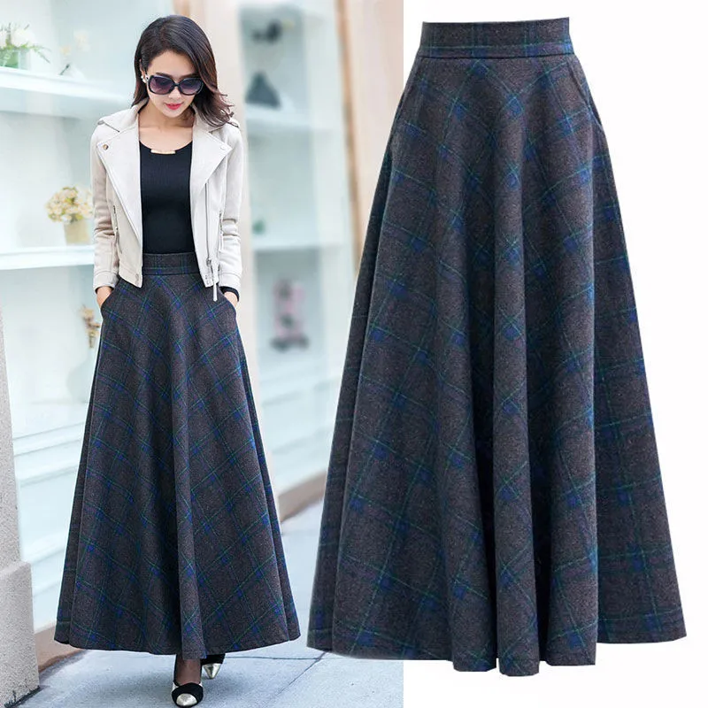 Plus Size 3XL High Waist Skirts faldas mujer moda 2019 Women Maxi Wool Skirt Elastic Waist Elegant Office Lady Long Plaid Skirts