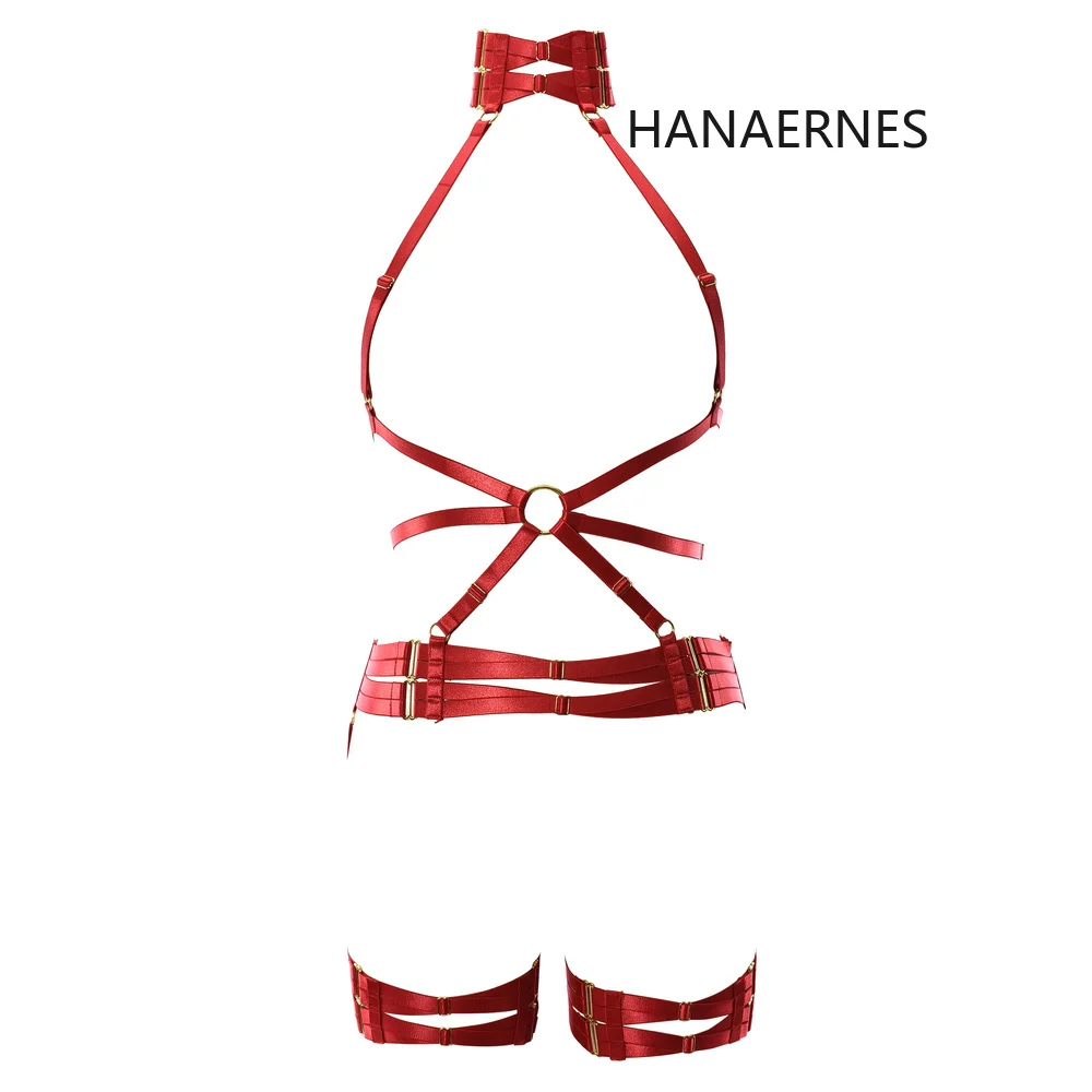 HANAERNES Red Wine Sexy Hollow Cage Adjustment Chest Strap Body Harness Wedding Bride Leg Garter Belt Gothic Cage Harness Set