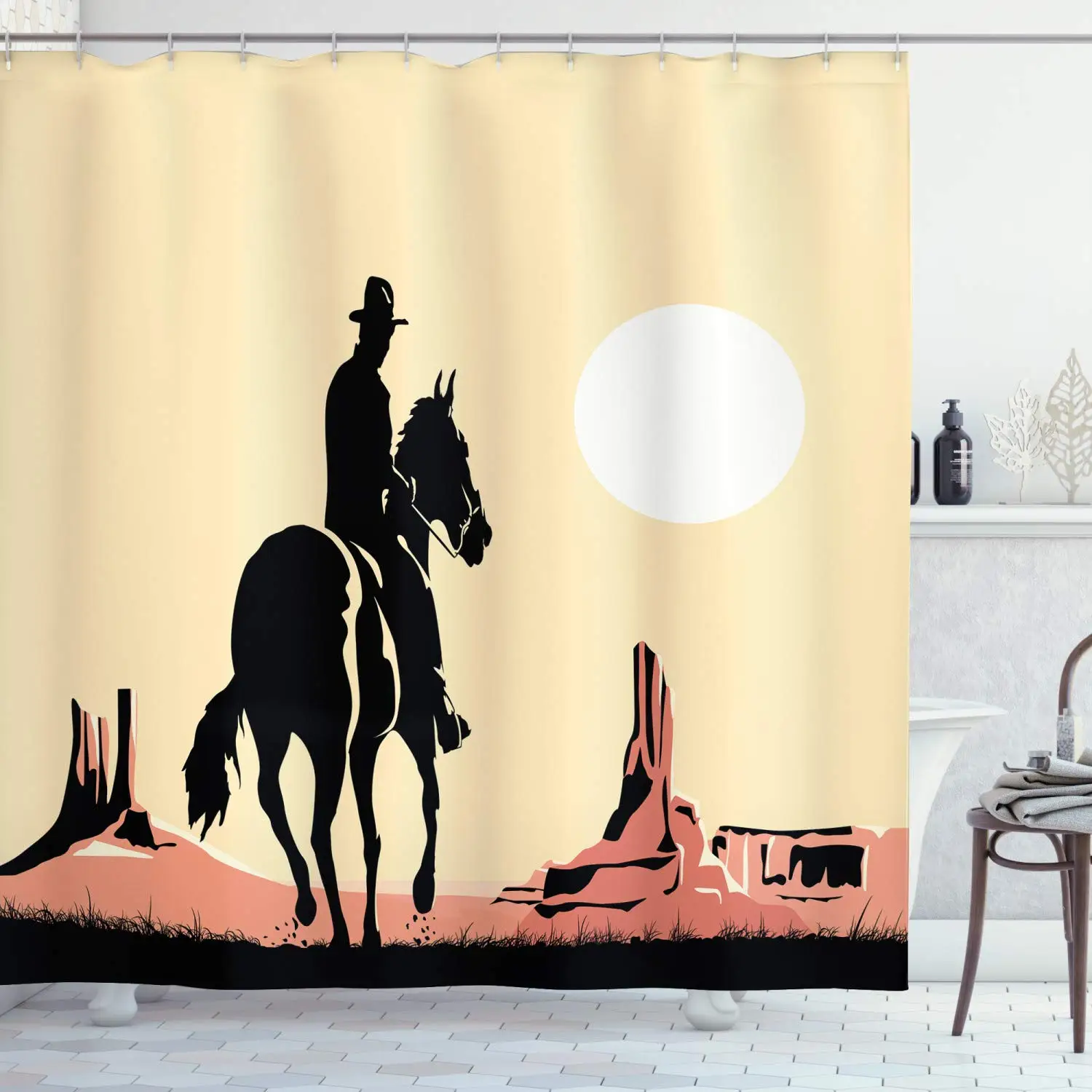 Western Shower Curtain Image Art of Cowboy Riding Horse Towards Sunset in Wild West Desert Hero Cloth Bathroom Decor Set