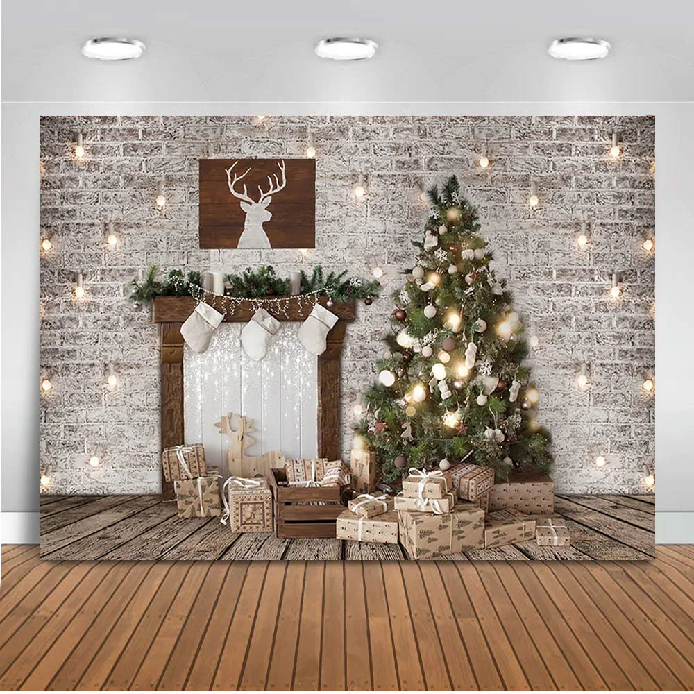 Fondo de fotografía de Navidad para estudio fotográfico, Fondo de pared de ladrillo gris, chimenea, decoración de fiesta familiar