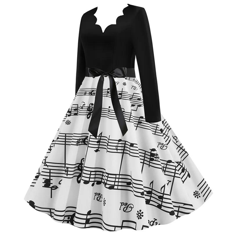 Women Long Sleeve Winter Vintage Dresses Sexy Black Music Note Print V-neck Rockabilly Pin up Party Dress Vestidos Plus size