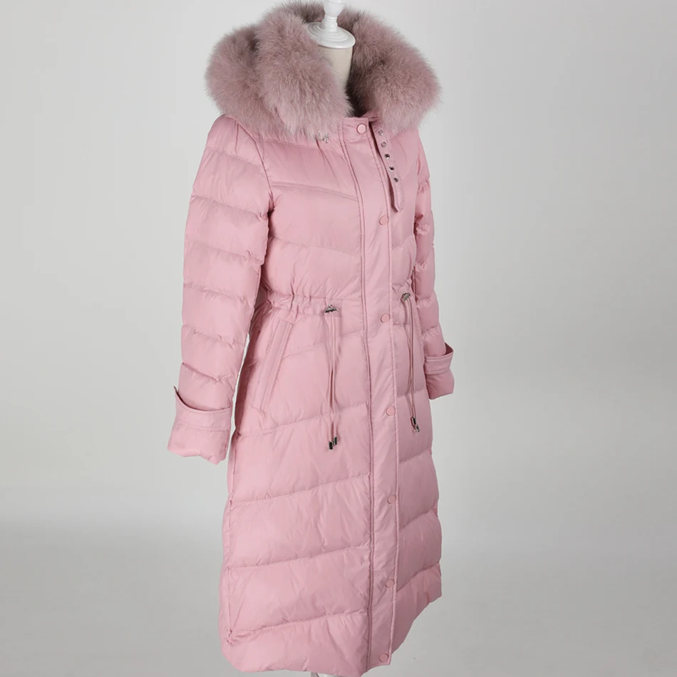 Maomoakong2019 冬コート天然キツネの毛皮の大きな毛皮の襟ホワイトダックダウンフード付きレザージャケット女性のダウンジャケットパークコート
