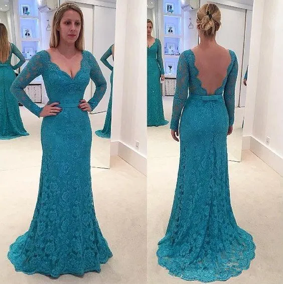 Robe mère en dentelle Turquoise, Sexy, dos nu, manches longues, col en V, robes mère de la mariée, robes de soirée formelles, nouvelle collection 2019