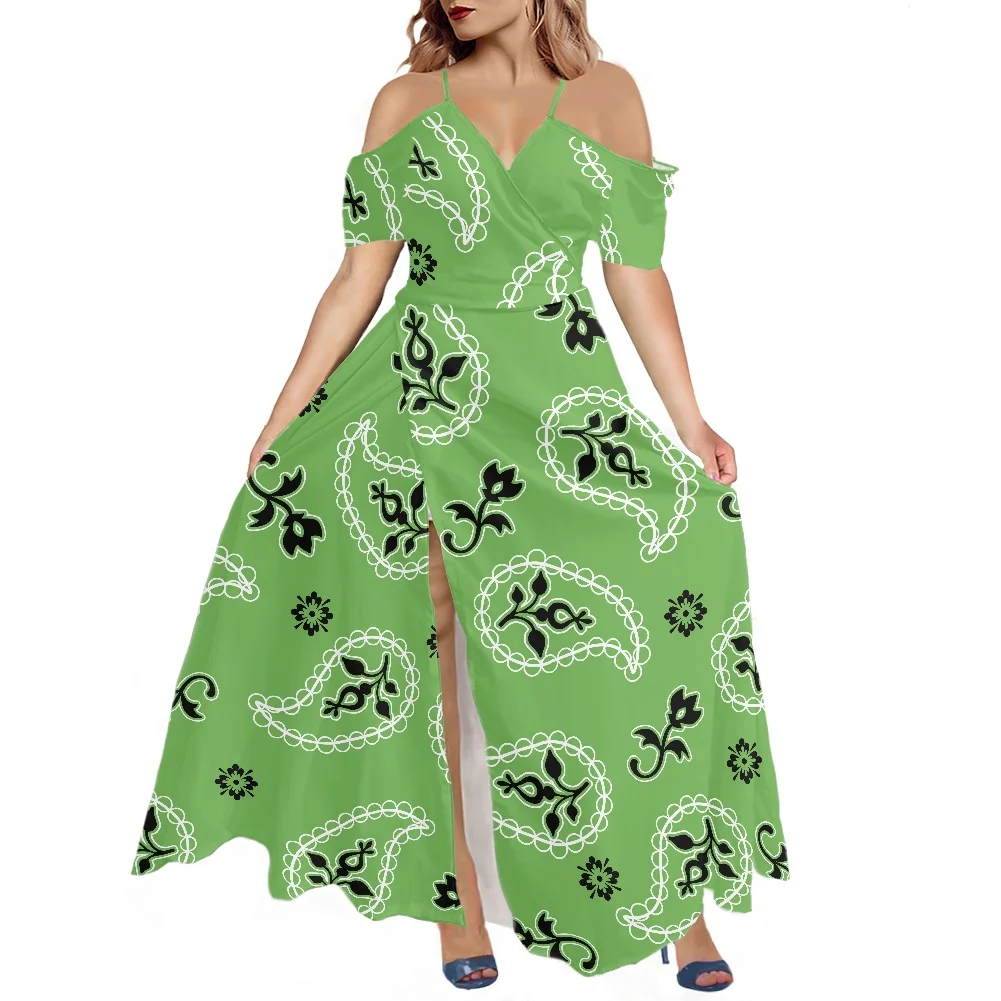 Off-The-Shoulder Front And Back Deep V Short-Sleeved Long Skirt Polynesian Tribe Bandana Printing Dreen Women Summer Dress 2022